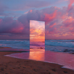 Abstract factasy and realistic mirror in desert, background, futuristic