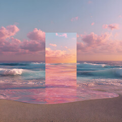 Abstract factasy and realistic mirror in desert, background, futuristic