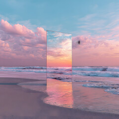 Abstract factasy and realistic mirror in desert, background, futuristic