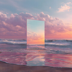 Abstract factasy and realistic mirror in desert, background, futuristic