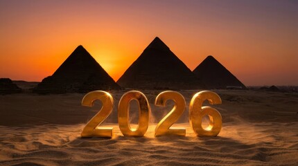 Golden numbers 2026 standing on desert sand with the silhouette of the giza pyramids in egypt under a warm orange sunset sky, symbolizing future events and successful beginnings for the new year