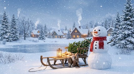 Naklejka premium Snowman standing in a dreamy snowy winter village scene with houses glowing in the background, a sled carrying a pine tree and lantern, and gentle snowfall creating a cozy holiday atmosphere