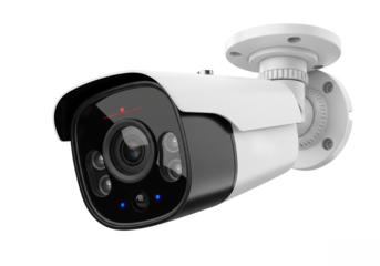 Modern white outdoor surveillance security camera with infrared leds for night vision isolated on transparent background