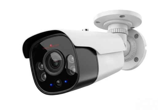 Modern white outdoor surveillance security camera with infrared leds for night vision isolated on transparent background