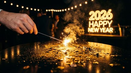 Hand holding a lit sparkler over a dark table creating bright golden sparks and scattered glitter, with a blurred 2026 happy new year neon sign and people partying in the background
