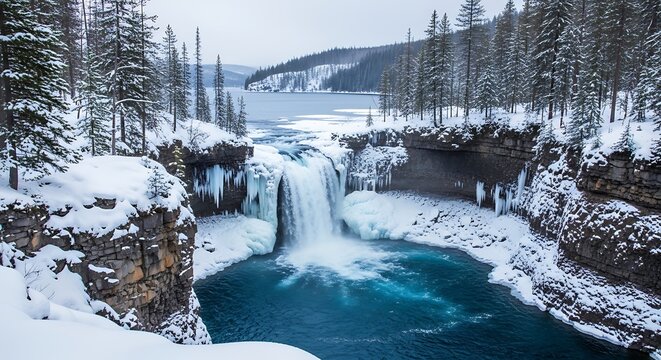 Powerful Winter Waterfall Cascading into Turquoise Pool and Snowy Cliffs