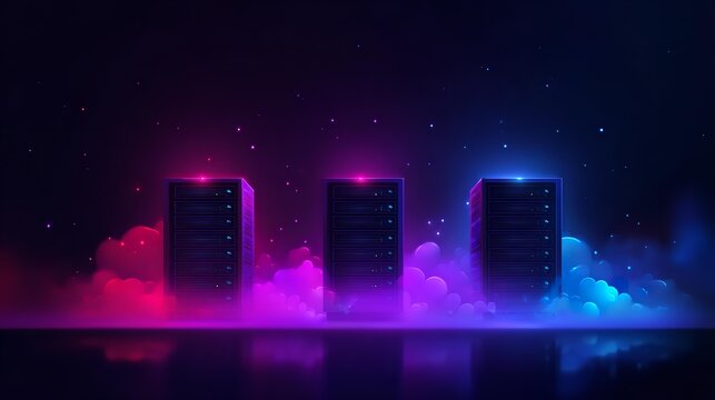 Three servers with neon lights - Powered by Adobe