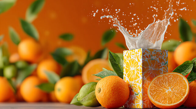 Vibrant juice carton with splash of liquid is surrounded by fresh oranges and green leaves, set against orange background, creating refreshing and lively scene