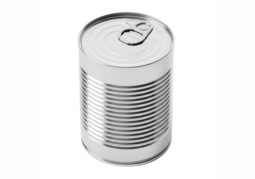 A single silver metal food can with a pull tab lid and ribbed sides isolated on transparent background