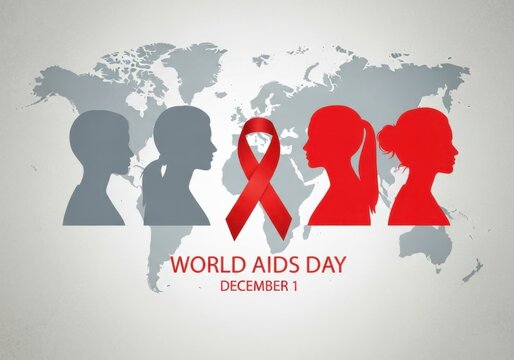World aids day concept with red ribbon and people silhouette on world map isolated on white background for awareness campaign
