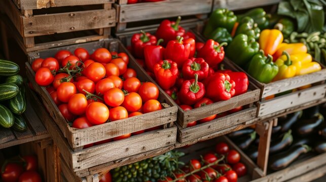 Colorful Fresh Vegetables Displayed in Wooden Crates on Stall Counter Under Bright Sunny Day Light
