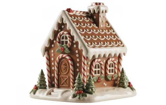 Ceramic gingerbread house with candy cane trim and snow isolated on a transparent background