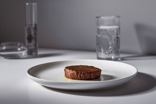 Single plant-based steak plated in minimalist lab setting with refined modern lighting