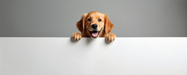 Golden retriever pup holds blank sign. Friendly dog smiles looking at camera, paws on white board. Canine assistant for messages, announcements, or product promotion.