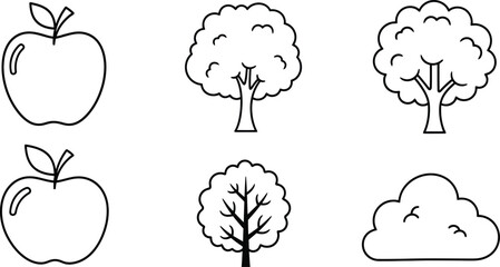 Simple line drawing of apples trees and a cloud in black and white
