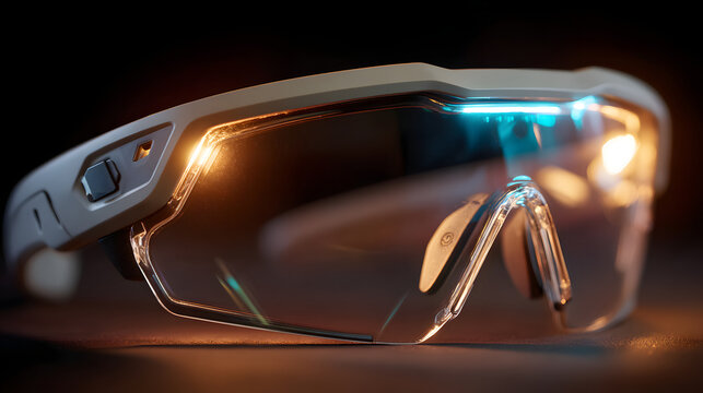 Futuristic smart glasses with sleek design and glowing accents, showcasing advanced technology and innovation. glasses feature modern, ergonomic frame with integrated controls