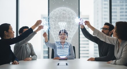 Diverse professionals collaboratively construct a glowing digital representation of an illuminated idea bulb using puzzle pieces.