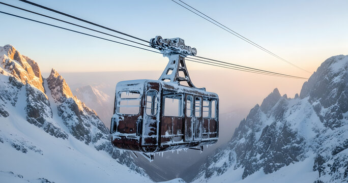 A vintage cable car ascends a snow covered mountain range under a soft hazy sunrise sky offering breathtaking alpine views - Powered by Adobe