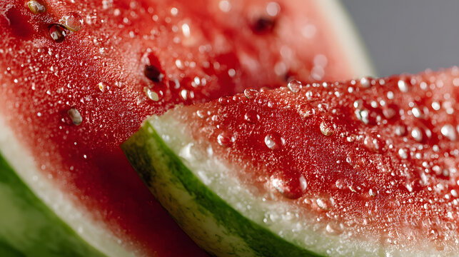 Juicy slice of watermelon with vibrant red flesh and glistening water droplets, showcasing fresh and refreshing details. close up highlights texture and seeds