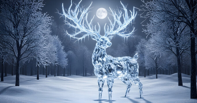 Majestic illuminated ice sculpture of a stag stands proudly in a serene snow covered winter forest at twilight