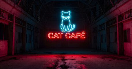 Vibrant neon cat silhouette and glowing text illuminate a dark wet alleyway creating a moody urban atmosphere