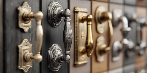 A row of gold and black door handles are lined up on a wall of the building store.