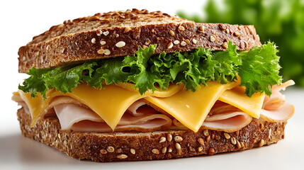 Delicious sandwich with ham, cheese, and fresh lettuce is layered between slices of multigrain bread, showcasing wholesome and appetizing meal