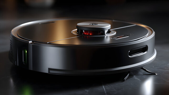 Sleek, futuristic robot vacuum cleaner with modern design, featuring circular shape and advanced sensors, sits on polished surface