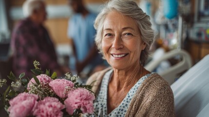Elderly woman smiles in hospital room while holding bouquet of pink flowers during visit from family members