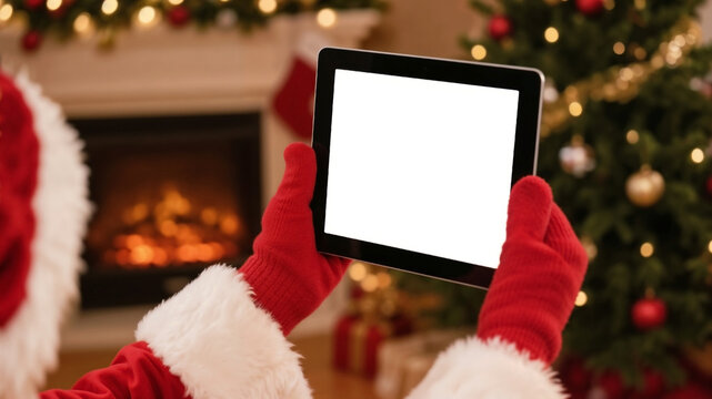 Santa hand holding tablet with blank screen on christmas tree and fireplace background