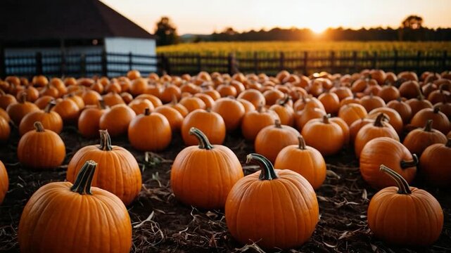 A scenic view of a field of pumpkins with a rustic barn in the background