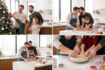 Wonderful family moments collage. Two men couple and children smiling decorating Christmas tree at home kitchen. lgbt diversity human relationships.