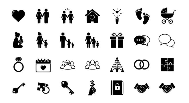 Diverse Vector Icon Set Symbolizing Love, Family, Marriage, and Life Events