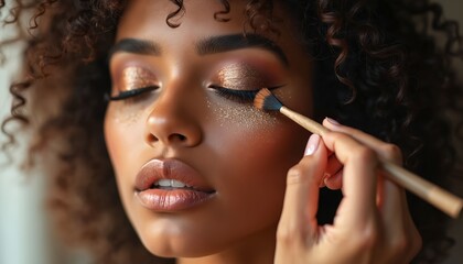 Obraz premium Close-up of beautiful woman applying shimmering glitter eyeshadow with brush. Curly hair, perfect dark skin, closed eyes. Shows detailed beauty process, glam makeup routine, self care activity.