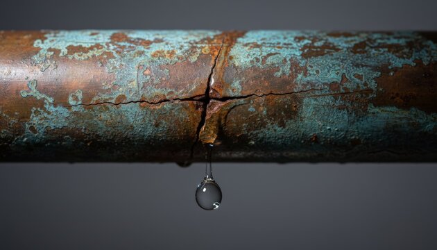 Rusted copper pipe showing severe corrosion and a central crack, with a clear water droplet slowly dripping, illustrating plumbing failure and potential water damage