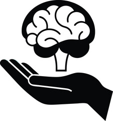 Elegant black vector outline of a supportive hand holding a human brain isolated on transparent background