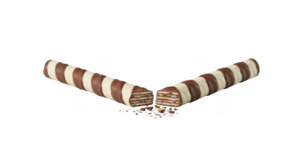 Chocolate wafer stick broken in half with crumbs isolated on a transparent background