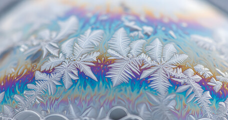 Naklejka premium Intricate frost patterns adorn a surface reflecting a spectrum of rainbow colors in a macro view