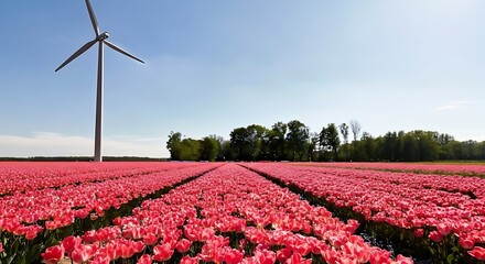 Vast pink tulip field with wind turbine under clear blue sky flower nature 1