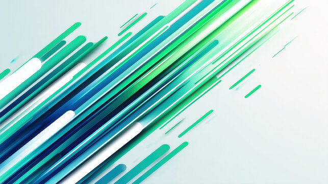 High-Speed Digital Flow: Abstract Background with Dynamic Diagonal Stripes and Rounded Shapes in Green, Blue, and White Gradients