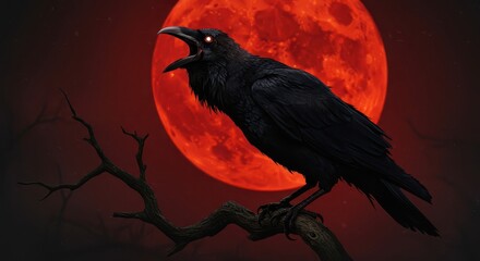 Obraz premium Dark raven perches on a bare branch against a brilliant crimson lunar sphere
