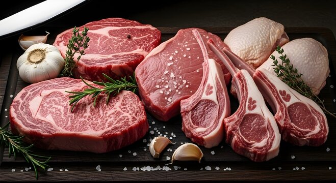 Assortment of raw meats including beef lamb and chicken displayed on a dark wooden board surface