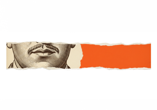 Close up of vintage engraved human mouth and teeth with torn paper revealing a vibrant orange background isolated on transparent background