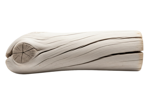 A weathered piece of driftwood with a distinct knot and natural grain patterns isolated on transparent background
