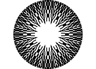 Round Vector pattern of abstract black pixels on a white background. Design element for covers, advertising, packaging, labels. Vector background. Disk. Flower, Sun