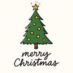 Loose sketch illustration of a green Christmas tree with round yellow lights, a star on top, handwritten festive text below, playful and casual ink-drawn style, clean white background.