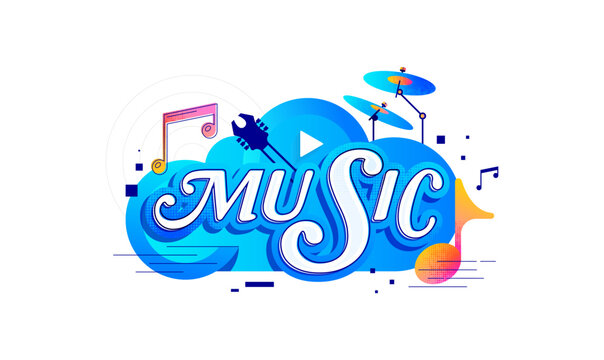 Vibrant Digital Music Concept Collection: A series of modern, flat, and abstract vector illustrations featuring key elements like musical notes, clouds, play buttons, keyboards, and instruments. Music - Powered by Adobe