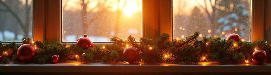 Golden hour sunlight filters through a frosted window onto evergreen garland with red ornaments and twinkling lights on a sill.
