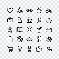 Healthy Lifestyle Icons Set – Fitness, Wellness, Food, and Activities Vector Line Art