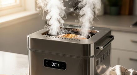 Modern kitchen appliance finishes baking fresh loaf with steam rising visibly